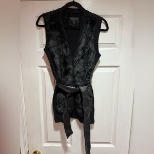 Guess Black Faux Fur Vest with Tie Belt